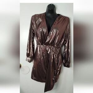 Shiny Metallic Bronze Rose Gold‎ Long Sleeve V-Neck Dress Size L